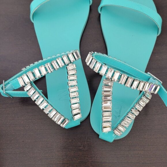 NEW AAJ By Aminah Womens Viktoria Embellished Flate Teal 7 Ankle strap Sandals - Picture 6 of 8